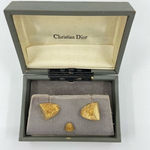 Vintage Christian Dior Gold Nugget Cufflinks & Tie Clip Set in Original Box